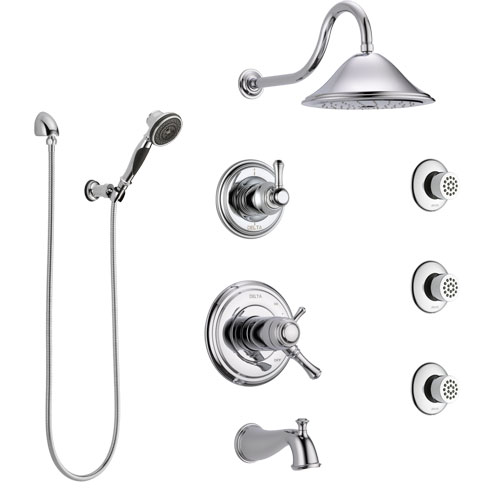 Delta Cassidy Chrome Tub and Shower System with Dual Thermostatic Control, 6-Setting Diverter, Showerhead, 3 Body Sprays, and Hand Shower SS17T49716
