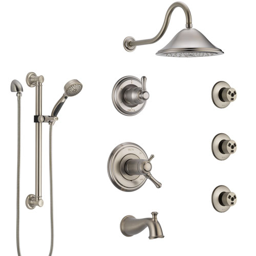 Delta Cassidy Stainless Steel Finish Dual Thermostatic Control Tub and Shower System with Showerhead, 3 Body Jets, Grab Bar Hand Spray SS17T4971SS1