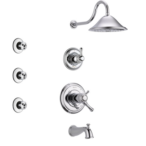 Delta Cassidy Chrome Finish Tub and Shower System with Dual Thermostatic Control Handle, 3-Setting Diverter, Showerhead, and 3 Body Sprays SS17T49722