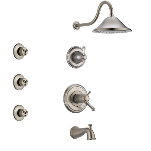 Delta Cassidy Stainless Steel Finish Tub and Shower System with Dual Thermostatic Control Handle, Diverter, Showerhead, and 3 Body Sprays SS17T4972SS1