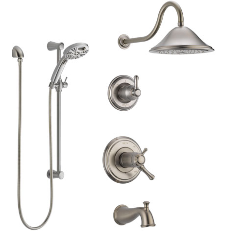 Delta Cassidy Stainless Steel Finish Tub and Shower System with Dual Thermostatic Control, Diverter, Showerhead, and Temp2O Hand Shower SS17T4972SS4