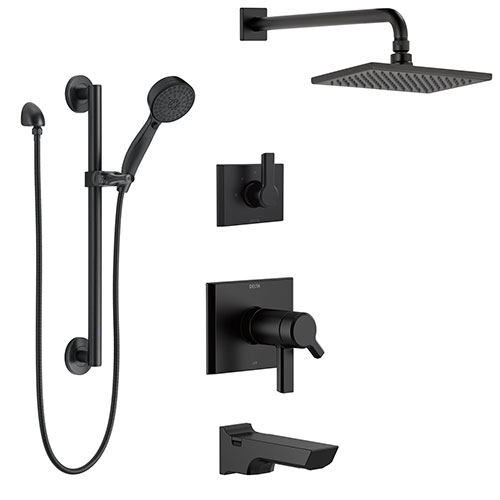Delta Pivotal Matte Black Finish Thermostatic Modern Tub and Shower System includes Rain Shower Head and Hand Shower with Grab Bar SS17T4993BL1