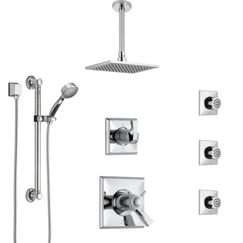 Delta Dryden Chrome Shower System with Dual Thermostatic Control, Diverter, Ceiling Showerhead, 3 Body Sprays, and Grab Bar Hand Shower SS17T5121