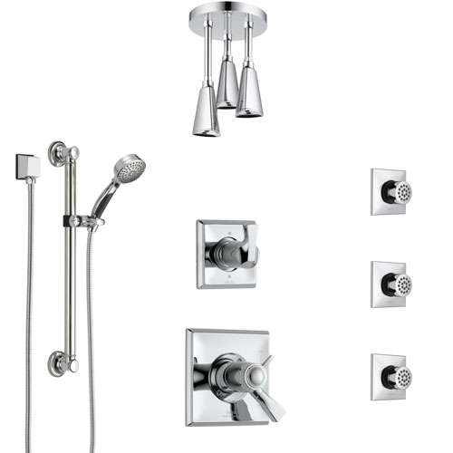 Delta Dryden Chrome Shower System with Dual Thermostatic Control, Diverter, Ceiling Showerhead, 3 Body Sprays, and Grab Bar Hand Shower SS17T5124