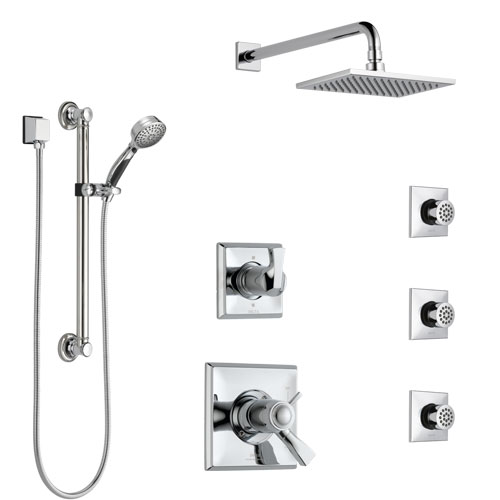 Delta Dryden Chrome Shower System with Dual Thermostatic Control, Diverter, Showerhead, 3 Body Sprays, and Hand Shower with Grab Bar SS17T5127