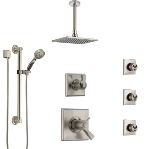 Delta Dryden Dual Thermostatic Control Stainless Steel Finish Shower System with Ceiling Showerhead, 3 Body Jets, Grab Bar Hand Spray SS17T512SS5