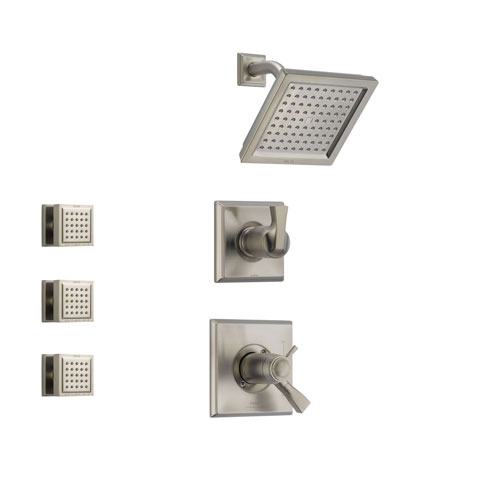 Delta Dryden Stainless Steel Shower System with Thermostatic Shower Handle, 3-setting Diverter, Modern Square Showerhead, and 3 Body Sprays SS17T5181SS