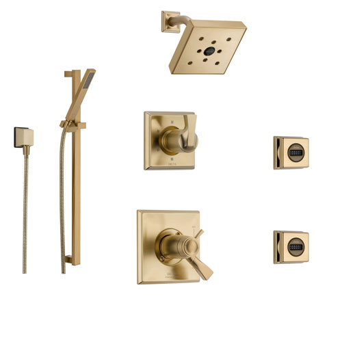 Delta Dryden Champagne Bronze Shower System with Thermostatic Shower Handle, 6-setting Diverter, Modern Square Showerhead, Hand Shower Spray, and 2 Body Sprays SS17T5192CZ