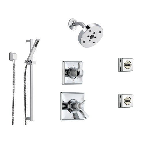 Delta Dryden Chrome Shower System with Thermostatic Shower Handle, 6-setting Diverter, Modern Round Showerhead, Handheld Shower, and 2 Body Sprays SS17T5192