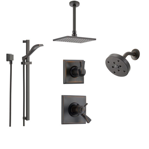 Delta Dryden Venetian Bronze Shower System with Thermostatic Shower Handle, 6-setting Diverter, Modern Square Rain Showerhead, and 3 Body Sprays SS17T5193RB