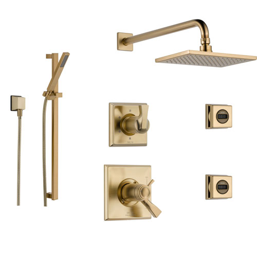 Delta Dryden Champagne Bronze Shower System with Thermostatic Shower Handle, 6-setting Diverter, Modern Square Rain Showerhead, Hand Shower Spray, and 2 Body Sprays SS17T5194CZ
