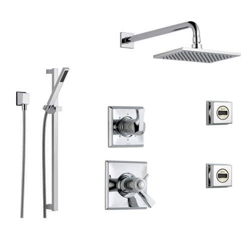 Delta Dryden Chrome Shower System with Thermostatic Shower Handle, 6-setting Diverter, Large Square Rain Shower Head, Hand Shower Spray, and 2 Body Sprays SS17T5194