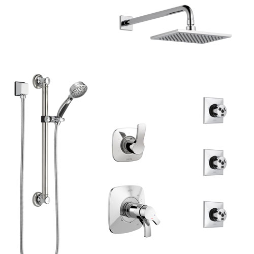Delta Tesla Chrome Shower System with Dual Thermostatic Control, Diverter, Showerhead, 3 Body Sprays, and Hand Shower with Grab Bar SS17T5217