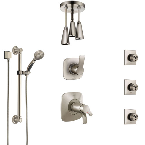 Delta Tesla Dual Thermostatic Control Stainless Steel Finish Shower System, Diverter, Ceiling Showerhead, 3 Body Jets, Grab Bar Hand Spray SS17T521SS3