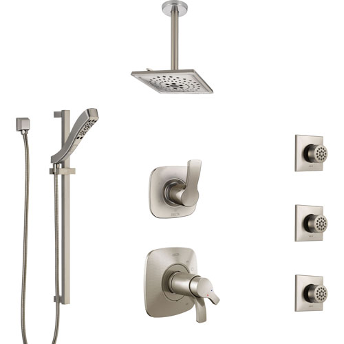 Delta Tesla Dual Thermostatic Control Stainless Steel Finish Shower System, Diverter, Ceiling Showerhead, 3 Body Sprays, and Hand Shower SS17T521SS7