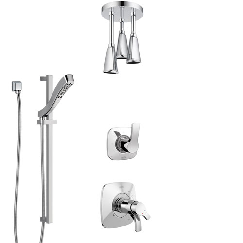 Delta Tesla Chrome Finish Shower System with Dual Thermostatic Control Handle, Diverter, Ceiling Mount Showerhead, and Hand Shower SS17T5226
