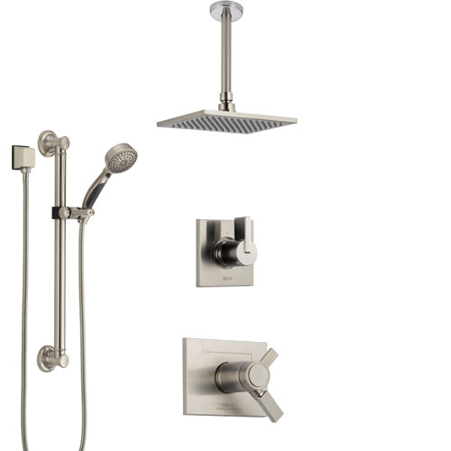 Delta Vero Dual Thermostatic Control Stainless Steel Finish Shower System, Diverter, Ceiling Mount Showerhead, and Grab Bar Hand Shower SS17T531SS1