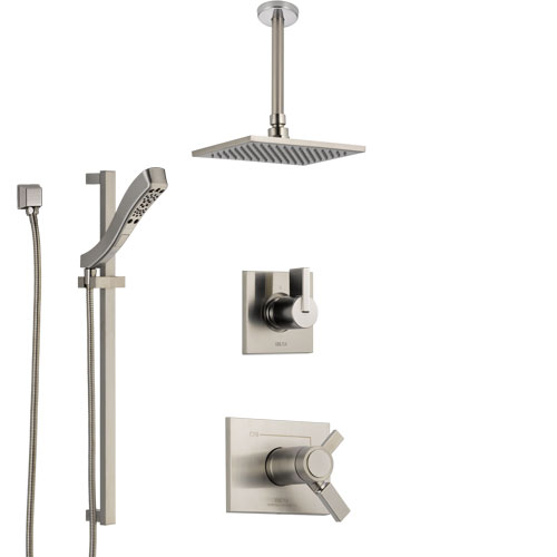 Delta Vero Dual Thermostatic Control Handle Stainless Steel Finish Shower System, Diverter, Ceiling Mount Showerhead, and Hand Shower SS17T531SS3