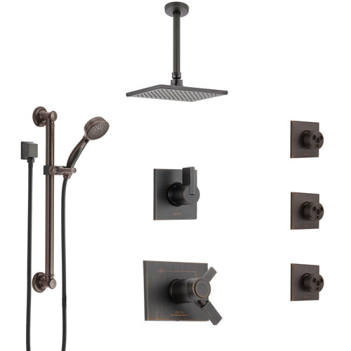 Delta Vero Venetian Bronze Dual Thermostatic Control Shower System, Diverter, Ceiling Showerhead, 3 Body Sprays, and Grab Bar Hand Spray SS17T532RB2