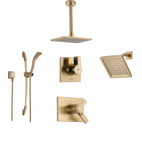 Delta Vero Champagne Bronze Shower System with Thermostatic Shower Handle, 6-setting Diverter, Ceiling Mount Modern Square Showerhead, Wall Mount Shower Head, and Hand Shower SS17T5392CZ