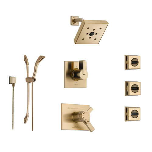 Delta Vero Champagne Bronze Shower System with Thermostatic Shower Handle, 6-setting Diverter, Square Modern Showerhead, Handheld Shower, and 3 Body Sprays SS17T5393CZ