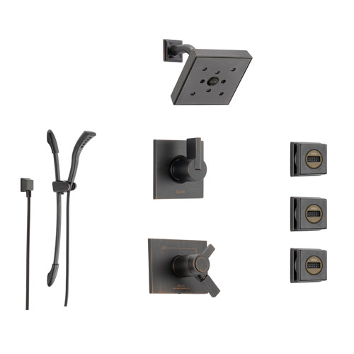 Delta Vero Venetian Bronze Shower System with Thermostatic Shower Handle, 6-setting Diverter, Modern Square Showerhead, Handheld Shower, and 3 Body Sprays SS17T5393RB