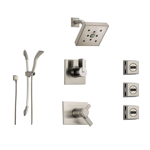 Delta Vero Stainless Steel Shower System with Thermostatic Shower Handle, 6-setting Diverter, Modern Square Showerhead, Handheld Shower, and 3 Body Sprays SS17T5393SS