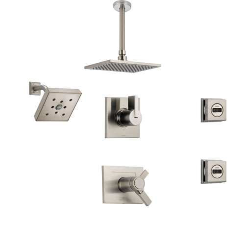 Delta Vero Stainless Steel Shower System with Thermostatic Shower Handle, 6-setting Diverter, Large Square Rain Showerhead, Modern Wall Mount Showerhead, and 2 Body Sprays SS17T5395SS