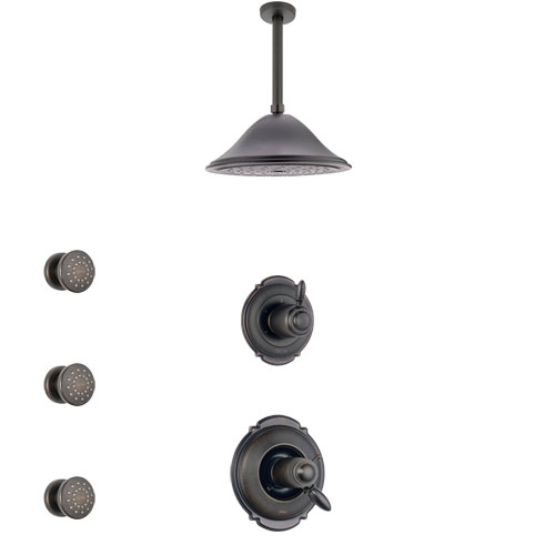 Delta Victorian Venetian Bronze Shower System with Dual Thermostatic Control Handle, Diverter, Ceiling Mount Showerhead, and 3 Body Sprays SS17T551RB4