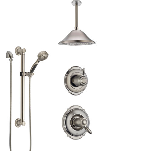 Delta Victorian Dual Thermostatic Control Stainless Steel Finish Shower System, Diverter, Ceiling Showerhead, and Grab Bar Hand Shower SS17T551SS1