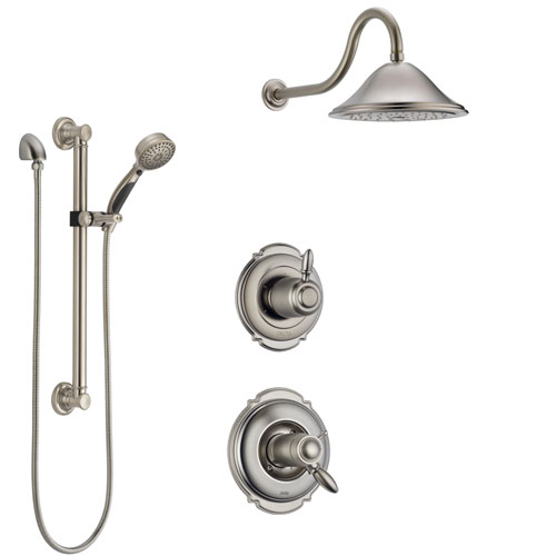 Delta Victorian Dual Thermostatic Control Handle Stainless Steel Finish Shower System, Diverter, Showerhead, and Hand Shower with Grab Bar SS17T551SS5