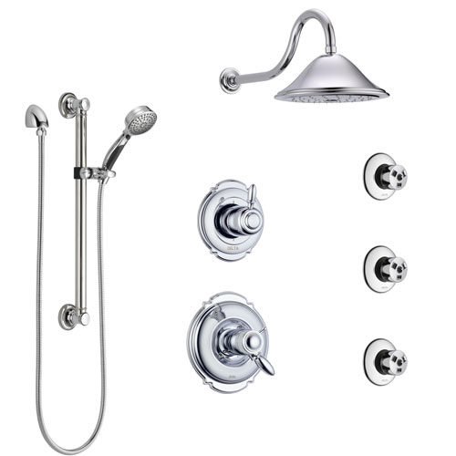 Delta Victorian Chrome Shower System with Dual Thermostatic Control, Diverter, Showerhead, 3 Body Sprays, and Hand Shower with Grab Bar SS17T5522