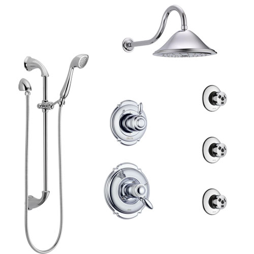 Delta Victorian Chrome Shower System with Dual Thermostatic Control Handle, 6-Setting Diverter, Showerhead, 3 Body Sprays, and Hand Shower SS17T5523