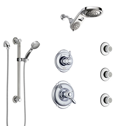 Delta Victorian Chrome Shower System with Dual Thermostatic Control, Diverter, Dual Showerhead, 3 Body Sprays, and Hand Shower with Grab Bar SS17T5526