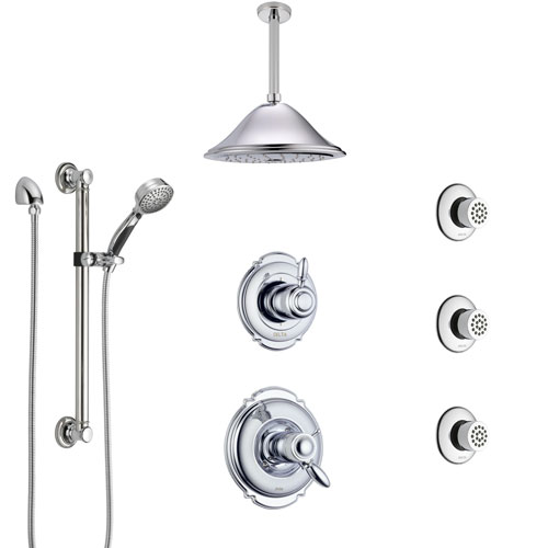 Delta Victorian Chrome Shower System with Dual Thermostatic Control, Diverter, Ceiling Showerhead, 3 Body Sprays, and Grab Bar Hand Shower SS17T5527