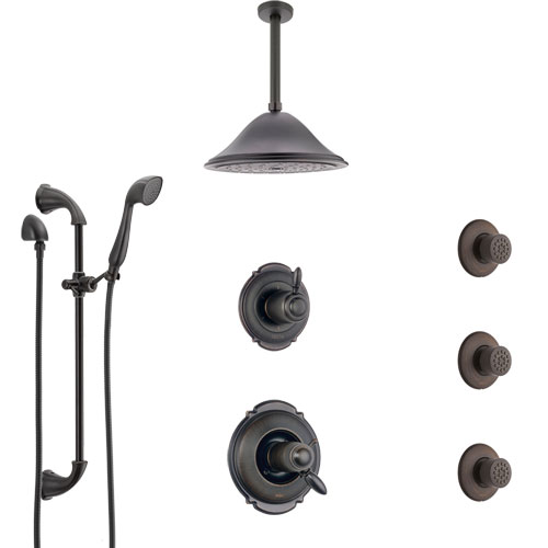 Delta Victorian Venetian Bronze Shower System with Dual Thermostatic Control, Diverter, Ceiling Showerhead, 3 Body Sprays, and Hand Shower SS17T552RB5