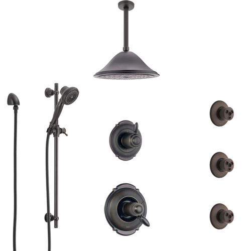 Delta Victorian Venetian Bronze Shower System with Dual Thermostatic Control, Diverter, Ceiling Showerhead, 3 Body Sprays, and Hand Shower SS17T552RB7