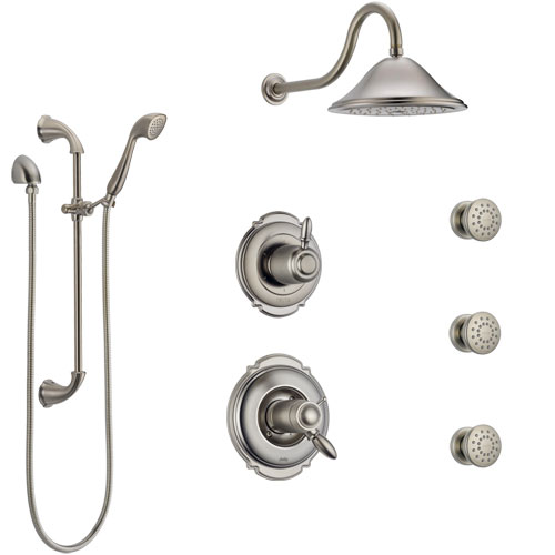 Delta Victorian Dual Thermostatic Control Stainless Steel Finish Shower System, Diverter, Showerhead, 3 Body Sprays, and Hand Shower SS17T552SS2
