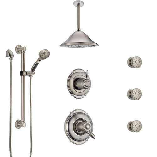 Delta Victorian Dual Thermostatic Control Stainless Steel Finish Shower System with Ceiling Showerhead, 3 Body Jets, Grab Bar Hand Spray SS17T552SS8