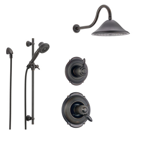 Delta Victorian Venetian Bronze Shower System with Thermostatic Shower Handle, 3-setting Diverter, Large Rain Showerhead, and Handheld Shower SS17T5582RB
