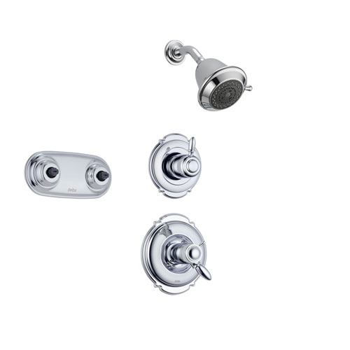 Delta Victorian Chrome Shower System with Thermostatic Shower Handle, 3-setting Diverter, Showerhead, and Dual Body Spray Shower Plate SS17T5584