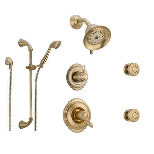 Delta Victorian Champagne Bronze Shower System with Thermostatic Shower Handle, 6-setting Diverter, Showerhead, Handheld Shower, and 2 Body Sprays SS17T5591CZ