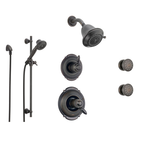 Delta Victorian Venetian Bronze Shower System with Thermostatic Shower Handle, 6-setting Diverter, Showerhead, Handheld Shower Spray, and 2 Body Sprays SS17T5591RB