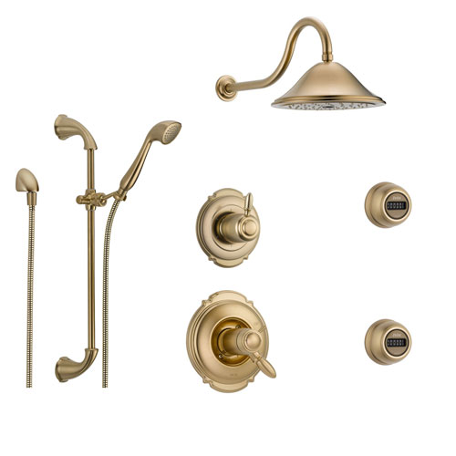 Delta Victorian Champagne Bronze Shower System with Thermostatic Shower Handle, 6-setting Diverter, Large Rain Showerhead, Hand Shower, and 2 Body Sprays SS17T5592CZ