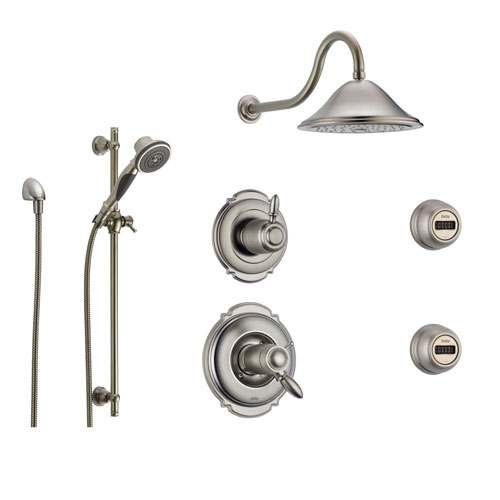 Delta Victorian Stainless Steel Shower System with Thermostatic Shower Handle, 6-setting Diverter, Large Rain Showerhead, Handheld Shower, and 2 Body Sprays SS17T5592SS