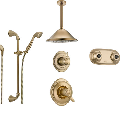 Delta Victorian Champagne Bronze Shower System with Thermostatic Shower Handle, 6-setting Diverter, Large Ceiling Mount Rain Showerhead, Handheld Shower, and Dual Body Spray Shower Plate SS17T5593CZ