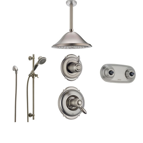 Delta Victorian Stainless Steel Shower System with Thermostatic Shower Handle, 6-setting Diverter, Large Ceiling Mount Rain Showerhead, Handheld Shower, and Dual Body Spray Plate SS17T5593SS