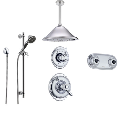 Delta Victorian Chrome Shower System with Thermostatic Shower Handle, 6-setting Diverter, Large Ceiling Mount Rain Showerhead, Handheld Shower, and Dual Body Spray Plate SS17T5593