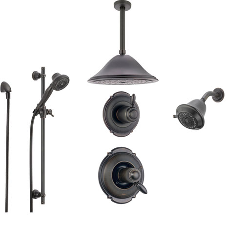Delta Victorian Venetian Bronze Shower System with Thermostatic Shower Handle, 6-setting Diverter, Large Ceiling Mount Showerhead, Handheld Shower, and Wall Mount Showerhead SS17T5594RB