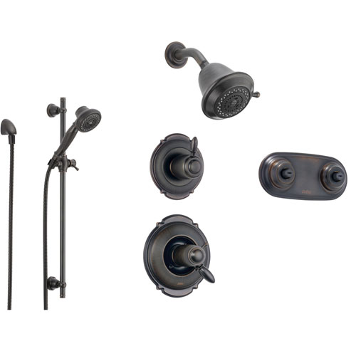 Delta Victorian Venetian Bronze Shower System with Thermostatic Shower Handle, 6-setting Diverter, Showerhead, Handheld Shower Spray, and Dual Spray Shower Plate SS17T5595RB